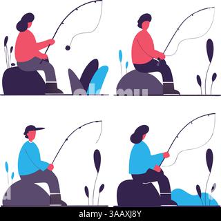 A set of four illustrations depicting people fishing in a stylized, minimalist design. Each figure is shown sitting on rocks by a body of water, with Stock Vector