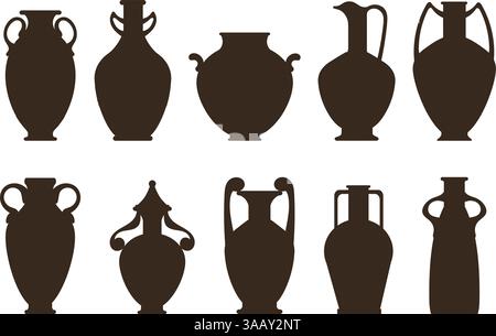 Silhouettes ancient Greek vases. Archaeological crockery. Antique ceramic vessels. Classic pot shape. Clay amphoras. Historical bottles. Urns or jugs Stock Vector