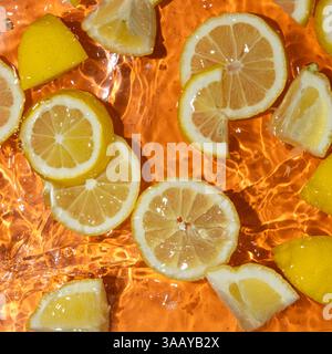 Slices of fresh lemons in water, splash of water, fresh orange background, top view. Stock Photo