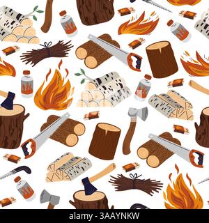 Cooking fire seamless pattern. Firewood and logs. Axe for wood chopping. Wooden branches sawing. Brushwood for burning. Matches and flammable liquid Stock Vector