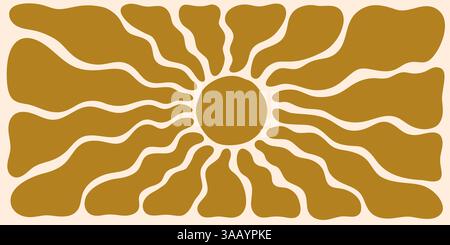 Groovy sun with wavy rays, Abstract retro pattern, Summer sun horizontal background Stock Vector