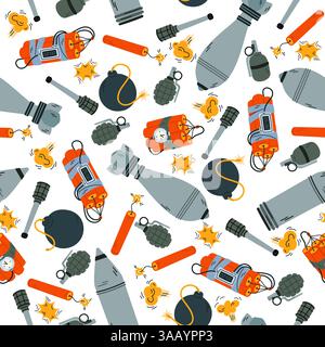 Bombs seamless pattern. Dynamite explosion. TNT detonator. Explosive boom. Wick fire sparkle. Gunpowder burst. Repeated print. Warhead grenade. Army Stock Vector