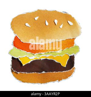 Burger with thick patty created from torn magazine paper on white background with clipping path Stock Photo