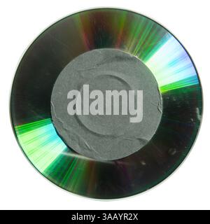 Reflective side of cd with black circular label sticker on white background with clipping path Stock Photo