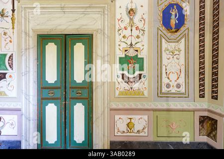 Italy, Tuscany, Lucca province, Capannori, Segromigno in Monte, Villa Mansi property owned by Nicolao Benedetti until the end of the 16th century when it was sold to the Cenami family who owned it until 1675 before it was bought by Ottavio Mansi. The original villa was transformed in 1634-1635 by architect Muzio Oddi in frnech baroque style, then by architect Giusti in the 18th century after the Mansi family bought it, painted walls of the bedroom representing fantastic animals and a pagan divinity painted in the third quarter of the 18th century by Domenico Del Frate and Francesco Gibertoni Stock Photo