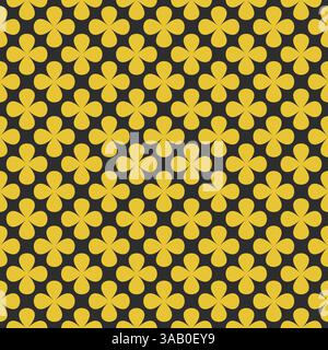 Seamless floral pattern featuring bold yellow clover shapes with rounded petals on a dark background. High quality geometric vector design in retro st Stock Vector