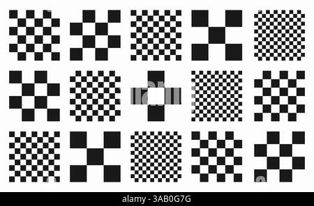 Set of black and white checkered patterns with seamless grid designs. Square, block, tile, chess, and QR code inspired elements in modern Memphis styl Stock Vector