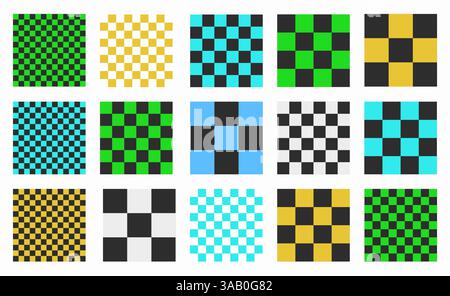 Square, block, tile, and chess inspired elements in Y2K style. Set of vibrant seamless checkered patterns with grid designs. High quality vector illus Stock Vector