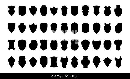 Large set of various shield shapes with simple and decorative designs. Vector icons representing protection and security elements. Modern and minimali Stock Vector