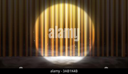 Realistic gold theater curtain vector illustration. Shiny silk drape with soft waves, glowing spotlights and sparkles. Perfect for stage backgrounds, award ceremonies or luxury event designs. Stock Vector