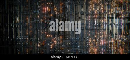 A digital abstract of a cityscape, showing futuristic geometric structures with lights and lines creating a modern and abstract background. Stock Photo