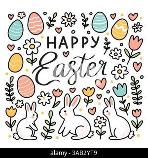 Happy Easter cute greeting card with text lettering and simple doodles of eggs, flowers, bunnies with black outline Stock Vector