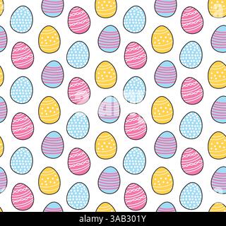 Cute Easter Seamless Pattern Background with Bright Colorful Ornate Colored Eggs Doodles with Black Outline Stock Vector