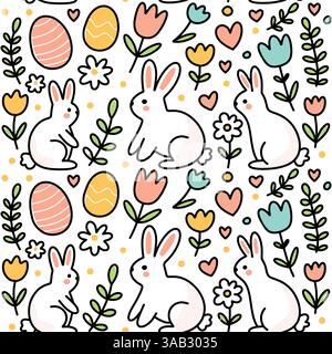 Easter cute seamless pattern background with simple doodles of eggs, flowers, bunnies with black outline over white background Stock Vector