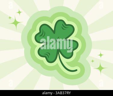 Vector four leaf lucky clover for st. Patrick's day in groovy style. Retro cartoon of lucky clover for Patricks day. Stock Vector