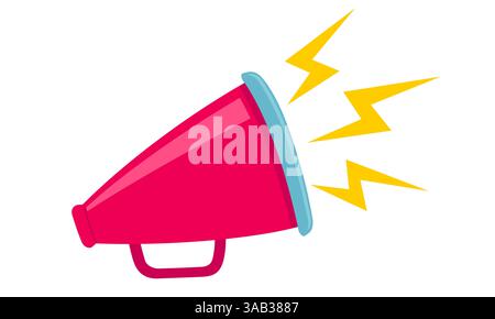 Vector icon of vintage megaphone for fake, breaking news or sale. Vector retro red megaphone with lightning on white background. Stock Vector