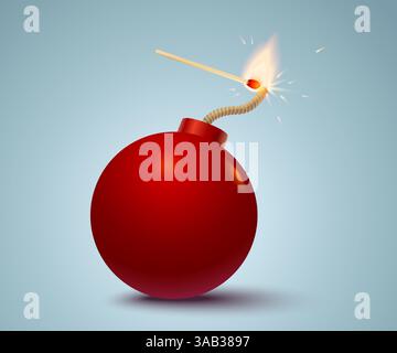 Vector illustration of a red bomb and match in fire and sparks. Bomb with match. No war Stock Vector