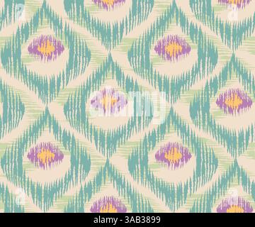 Vintage vector seamless pattern in ikat style. Retro ikat green pattern with abstract peacock feathers. Stock Vector
