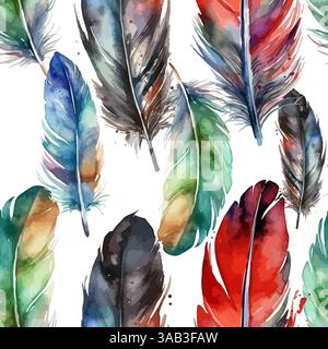 seamless background feathers colored . hand drawing. Not AI, Vector illustration. Stock Vector