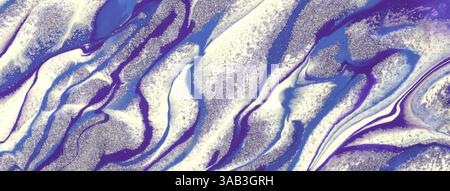 Abstract fluid art background silver, white and blue colors. Liquid marble. Acrylic painting on canvas with violet shiny lines and gradient. Ink backd Stock Photo