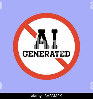 Text AI generated inside red prohibition sign on purple background. Ban Artificial Intelligence concept. Poster or banner for stop using generative Stock Vector