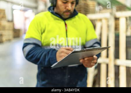 Close-up and focus on the hands of a caucasian male manual worker writing on clipboard in a recycling plant Stock Photo