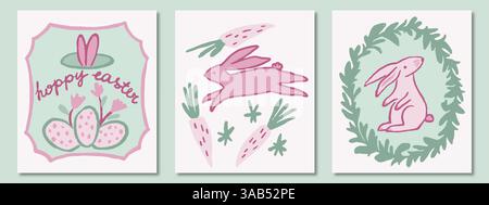 Set of three Easter cards in pink and green palette. Bunnies, eggs, carrots, flowers, frames Stock Vector