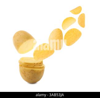 Raw potato slices transforming into crispy chips in air on white background Stock Photo