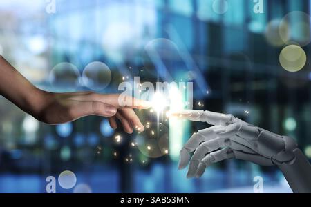 Artificial intelligence. Woman and robot touching fingers on blurred background, closeup Stock Photo