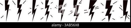 Thunder hand doodle. Lightning bolt energy flash drawn icon. Flat vector illustration isolated on white background. Stock Vector