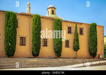 Tall cypress trees standing in symmetry along an old yellow stucco wall with barred windows and a colorful tiled dome under a clear blue sky Stock Photo