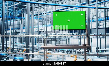 Green screen monitor displaying analytics dashboard for Industry 4.0 smart factory equipment. Industrial plant mockup display visualizing robotic arms performance and metrics from sensor data Stock Photo
