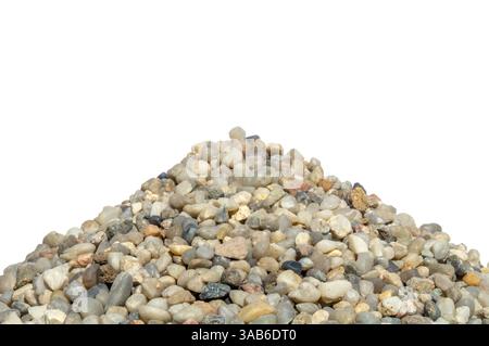 Small smooth river stones forming a triangular pile isolated on a white background, ideal for backgrounds and textures Stock Photo