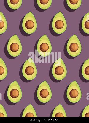 Avocado pattern on purple background. Minimal flat lay style. Top view. Vector illustration Stock Vector