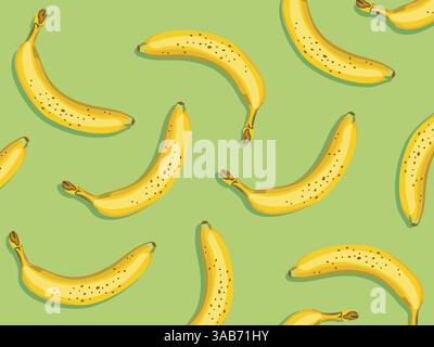 Seamless pattern of bananas on green background. Creative concept. Top view. Vector illustration Stock Vector