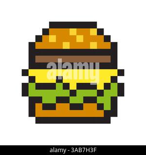 Pixel burger icon. Cheesy fast food. Vector snack shape. Retro meal image. Stock Vector