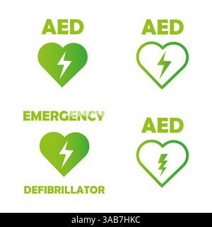 AED heart icon. Emergency defibrillator text. Green medical Vector. Lightning bolt shape. Stock Vector