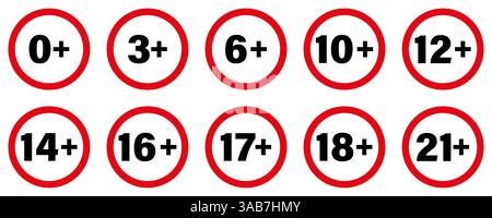Ratings from 0 to 21. Suitable for ages 3, 6, 10, 12, 14, 16, 17, 18. Universal data set. Vector illustration. Stock Vector