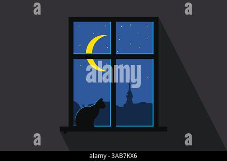 Silhouette of a cat on the window on a moonlight starry night. Vector illustration Stock Vector