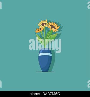 Sunflower bouquet in blue vase. Vector illustration Stock Vector