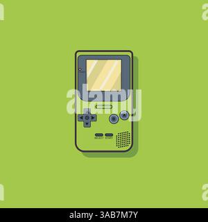 Green handheld portable retro game console on green background. Vector illustration Stock Vector