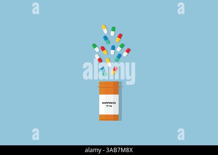 Open bottle with antidepressants pills. Medical capsules container. Mental health concept. Vector illustration Stock Vector