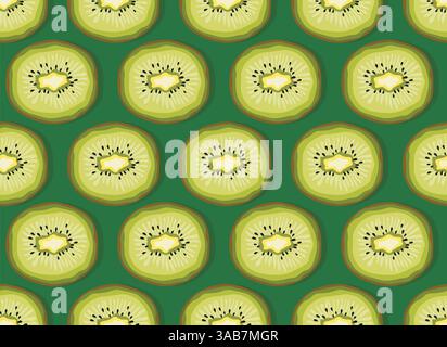 Colorful fruit pattern of fresh kiwi slices on green background. Top view. Vector illustration Stock Vector