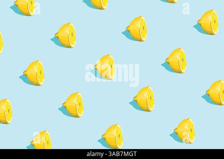 Pattern with fresh lemon slices on light blue background. Creative concept. Vector illustration Stock Vector