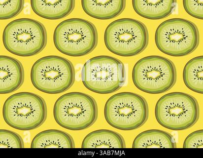 Colorful fruit pattern of fresh kiwi slices on yellow background. Top view. Vector illustration Stock Vector