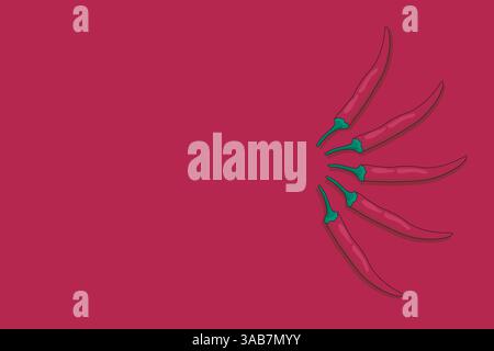 Red chili peppers on red background. Flat lay style. Vector illustration Stock Vector