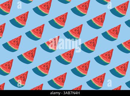Colorful fruit pattern of fresh watermelon slices on blue background. Top view. Vector illustration Stock Vector