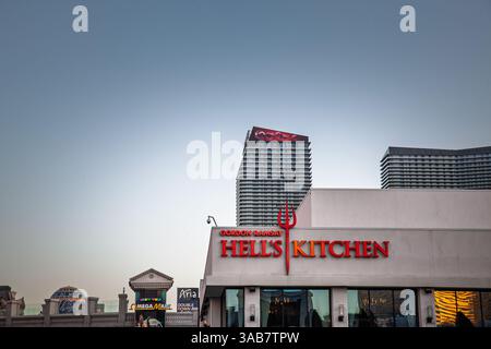 LAS VEGAS, AUGUST 21, 2024: Exterior sign of Gordon Ramsay's Hell's Kitchen restaurant in Las Vegas, known for upscale dining and its iconic culinary Stock Photo