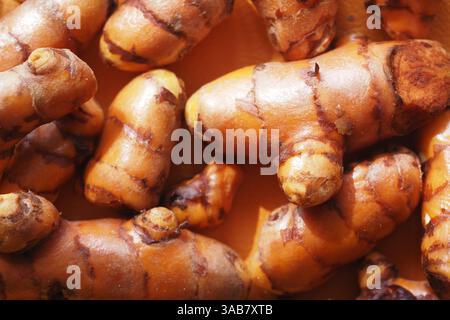 Fresh turmeric root displayed in natural light on a wooden surface Stock Photo