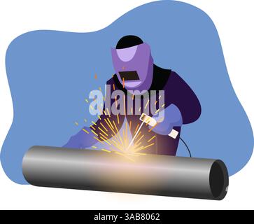 welding worker in the construction industry, welder wearing protective mask and safety tool vector illustration, industry and manufacture concept Stock Vector